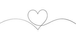 Heart continuous one line drawing, Black and white vector minimalist illustration of love concept made of one line