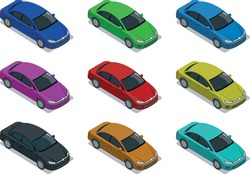 multi colored passenger cars sedan isometry