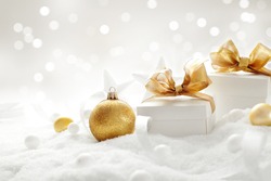 christmas gifts, christmas ornaments and snow