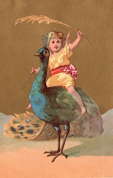 Vintage Greeting / Advertising Card Illustration - Cupid on Peacock
