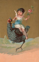 Vintage Greeting / Advertising Card Illustration - Cupid on Hen
