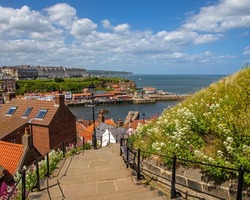 The stunning view from the 199 Steps, looking over the seaside town of Whitby in North Yorkshire, UK.