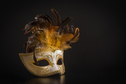 Pretty venetian golden carnival mask with feathers isolated on a mysterious black background