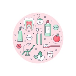 Vector scientific background with outlined icons about dentist equipment. Fun educational style, good for kids. Stomatology and Orthodontics Tools, tooth structure.