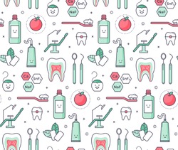 Vector scientific seamless pattern with dentist equipment on white background. Fun iconic style Stomatology and Orthodontics Tools, tooth structure.
