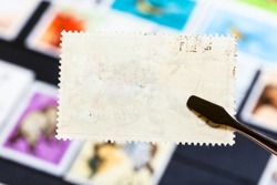 philately concept - tongs keeps postage stamp with bad glue back side over stockbook
