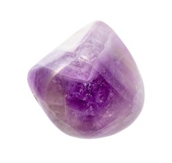 closeup of sample of natural mineral from geological collection - tumbled Amethyst gemstone isolated on white background