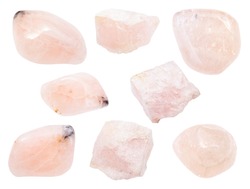 set of various Morganite (Vorobyevite, Pink Beryl) gemstones isolated on white background