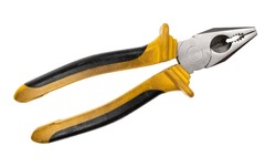 big used pliers with yellow and black rubber handle isolated on white background