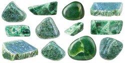 collection of various tumbled green jade mineral stones (nephrite and jadeite) isolated on white background