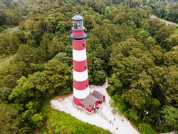 Drone view of the Assateague Island lighthouse in Virginia, USA. historical monument .