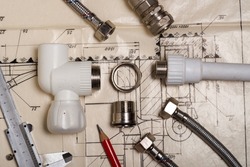 fittings and valves, pipes and adapters. Plumbing fixtures and piping parts. drawings and projects of plumbing communications.