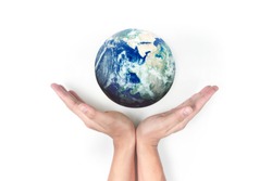 Globe ,earth in human hand, holding our planet glowing. Earth image furnished by Nasa
