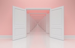Empty rose gold room architectural interior with infinite open doors, endless corridor of doorway, walkaway