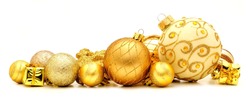 Collection of golden Christmas baubles forming a border