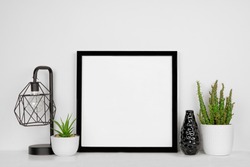 Mock up black square frame with home decor and potted plants. White shelf and wall. Copy space.