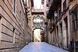 Ornate covered bridge in the Gothic Quarter of old Barcelona, Spain
