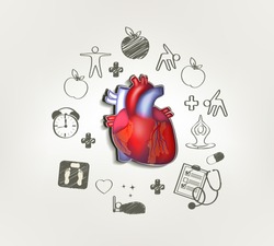 Healthy heart at the middle hand drawn tips around . Healthy food, fitness, no stress, healthy weight, doctor visits, good sleep leads to healthy heart.