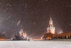 Heavy snowfall in Moscow at Red square at night. Famous destination in Russian capital