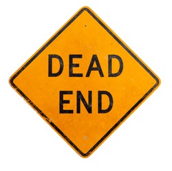 A yellow dead end road sign on a white background