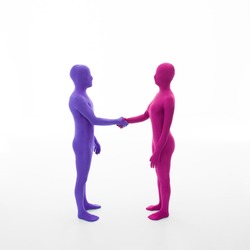 unrecognizable man dressed in purple shakes hands with faceless woman dressed in pink on white background