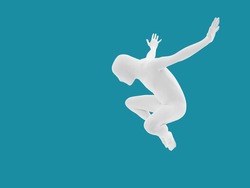 unknown faceless man jumping isolated on blue background  