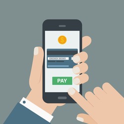 mobile payment, hand holding phone, flat design