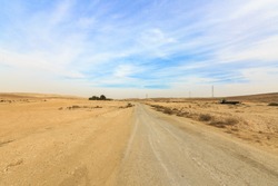 Wide panorama with dirt road in Negev desert and bushes near horizon