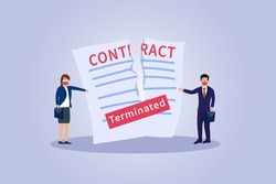 Contract terminated vector concept. Businesswoman and businessman terminate business contract by tearing a contract document.