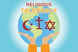 Religious tolerance vector concept: Religious tolerance text with symbols of difference religions in hand
