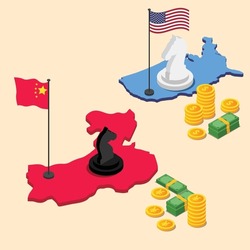 USA and China trading strategy isometric 3d vector concept for banner, website, illustration, landing page, flyer, etc.