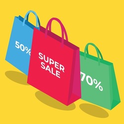 Super sale - discount - bag isometric 3d vector concept for banner, website, illustration, landing page, flyer, etc.
