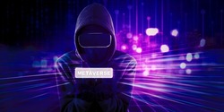 Double exposure of hooded hacker using goggles VR while showing metaverse word in the cyberspace with virtual screen background