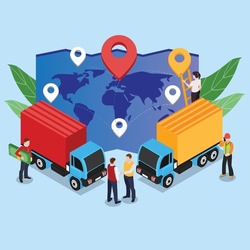 Logistics - Business Partners Characters Shaking Hands near Freight Trucks isometric 3d vector illustration concept for banner, website, illustration, landing page, flyer, etc.