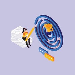 challenge to find the way to achieve target or goal and win trophy isometric 3d vector illustration concept for banner, website, illustration, landing page, flyer, etc.