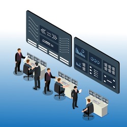 Business people analyzing growth charts isometric 3d vector illustration concept for banner, website, illustration, landing page, flyer, etc.