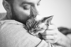 Close-up of cat and man. Black and white portrait of a Devon Rex kitten and young beard guy. Handsome animal-lover man is hugging and cuddling his little cat. Cat enjoys human company.