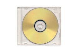 Golden CD in clear plastic case isolated.