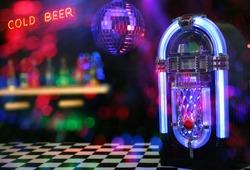 Jukebox with Neon Cold Beer Sign. Miniatures with signs and lights added in post.