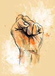 Colored hand sketch raised his clenched hand on a grunge background. Vector illustration