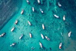 Aerial view of beautiful seascape with fishing boats  in the coast