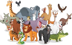 Group of cartoon animals. Vector illustration of funny happy animals.