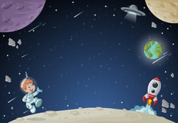 Astronaut cartoon boy flying in the space with a futuristic rocket shuttle. Spaceship around the earth planet and moon.