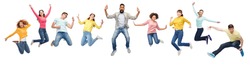 happiness, freedom, motion, diversity and people concept - international group of happy smiling men and women jumping over white background