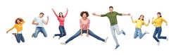 happiness, freedom, motion and people concept - smiling young international friends jumping in air over white background