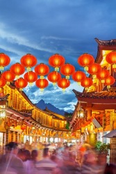 Lijiang old town in the evening with crowd tourist , Yunnan China.