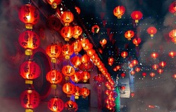 Chinese new year lantern in chinatown area.Translate chinese alphabet Daji dali on Lantern meaning profitable trade