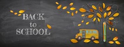 Back to school concept. Top view banner school bus and pencils next to tree sketch with autumn dry leaves over classroom blackboard background