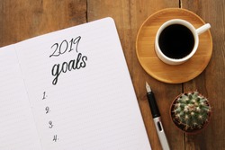 Top view 2019 goals list with notebook, cup of coffee over wooden desk