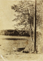 abstract old style photo of countryside pier - forest, lake and boat landscape. black and white image